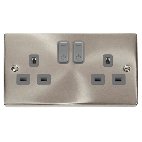 Click Smart+ Ingot 13A Double Gang RF Smart Socket Deco in Satin Chrome & Grey - Prisma Lighting