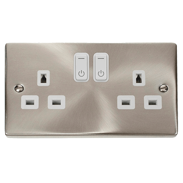 Click Smart+ Ingot 13A Double Gang RF Smart Socket Deco in Satin Chrome & White - Prisma Lighting