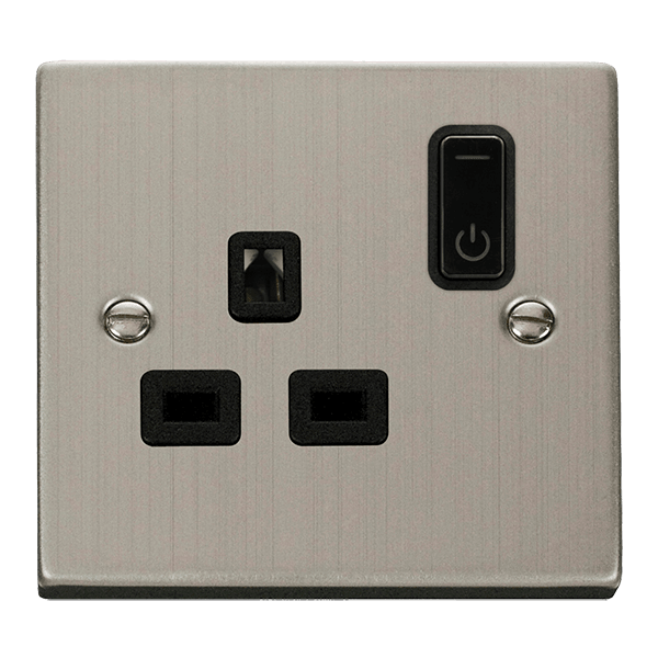 Click Smart+ Ingot 13A Single Gang RF Smart Socket Deco in Stainless Steel & Black - Prisma Lighting