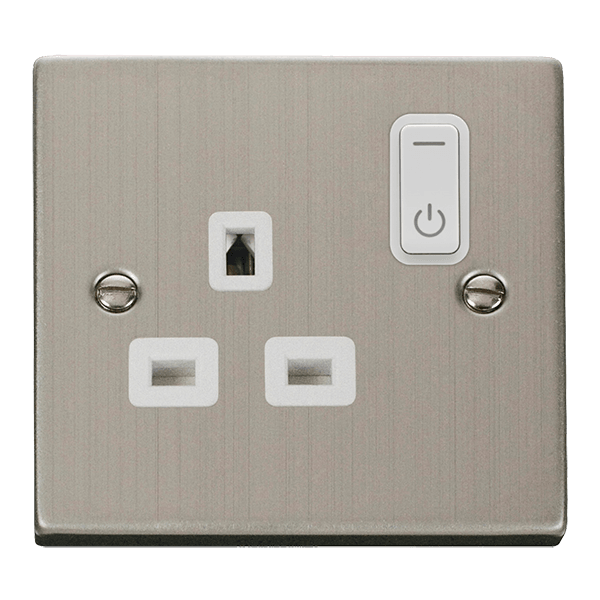 Click Smart+ Ingot 13A Single Gang RF Smart Socket Deco in Stainless Steel & White - Prisma Lighting