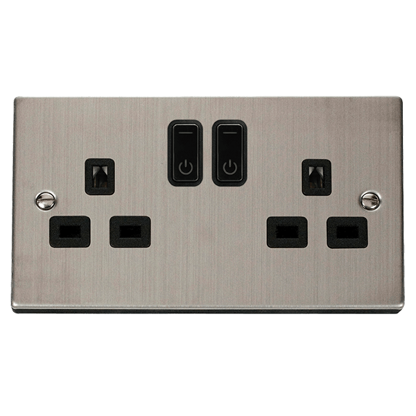 Click Smart+ Ingot 13A Double Gang RF Smart Socket Deco in Stainless Steel & Black - Prisma Lighting