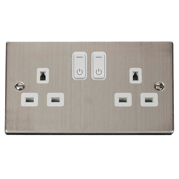 Click Smart+ Ingot 13A Double Gang RF Smart Socket Deco in Stainless Steel & White - Prisma Lighting