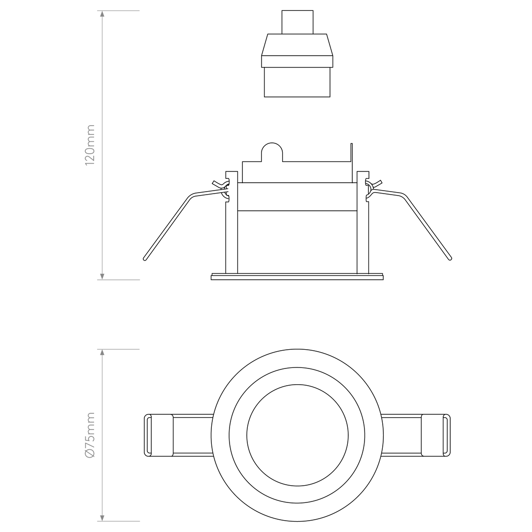 Technical outline showing dimensions and cut-out of Pinhole Slimline Round downlight