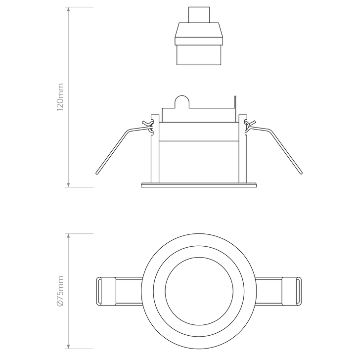 Technical outline showing dimensions and cut-out of Pinhole Slimline Round downlight