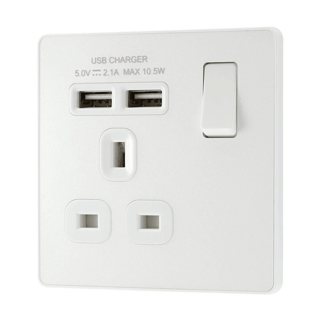 Evolve Single Switched 13a USB Socket 2xUSB(2.1A) - Prisma Lighting
