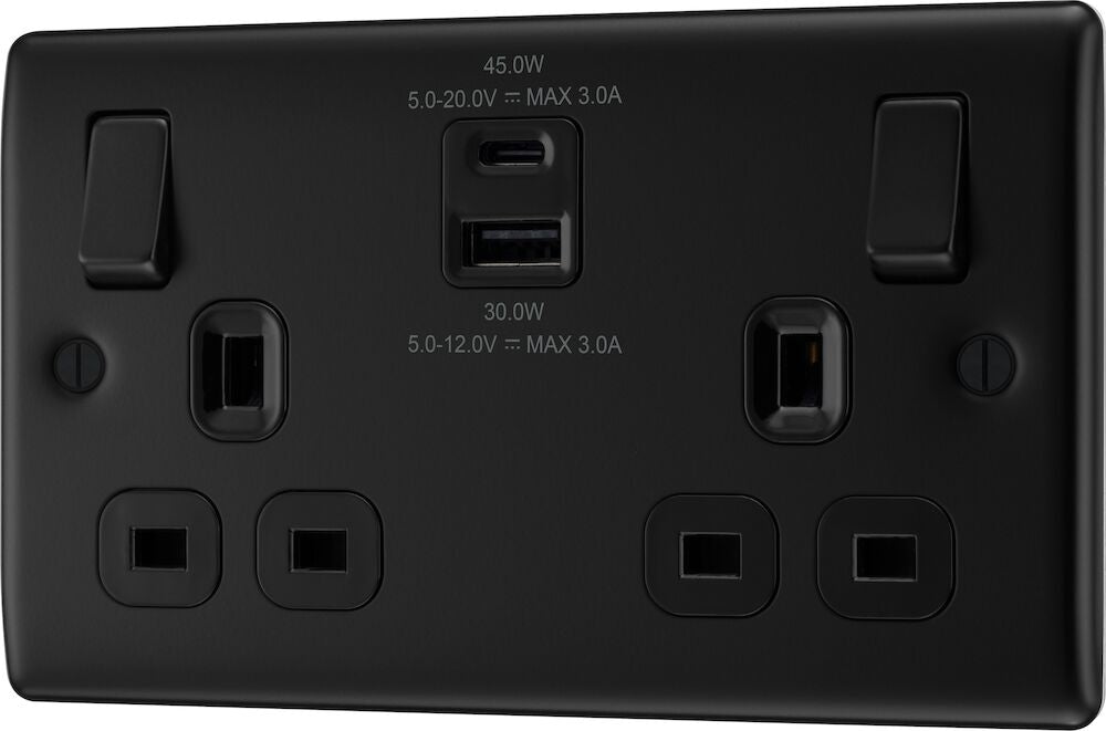 Nexus Metal Double Switched 13A Power Socket with USB Charging - USB A + C (45W) - Prisma Lighting