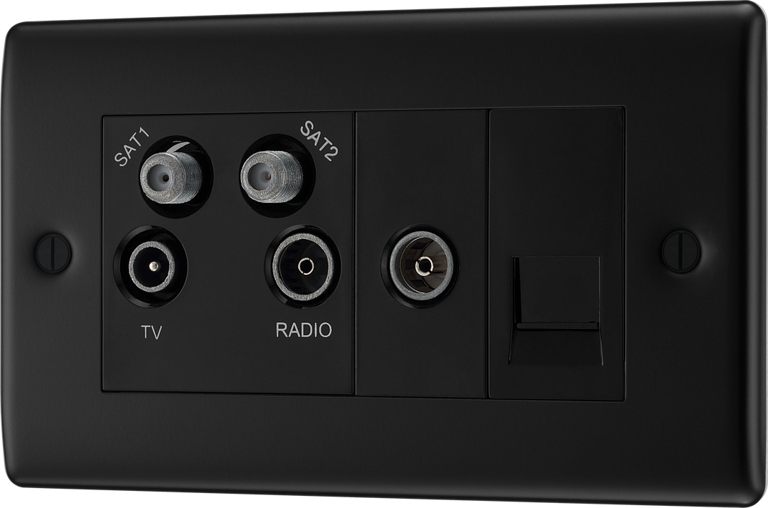Nexus Metal Quadplex Socket for TV, 2x Satellite, and FM Connection with Return and BT Outlet - Prisma Lighting
