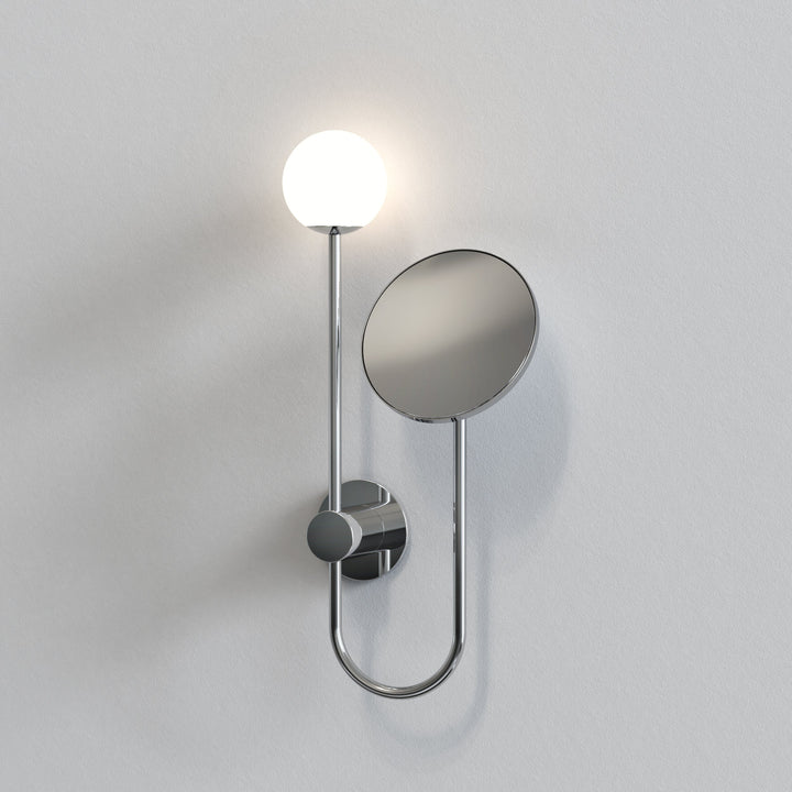 Astro Orb Wall Light in polished chrome with acid-etched opal globe and 5× adjustable mirror