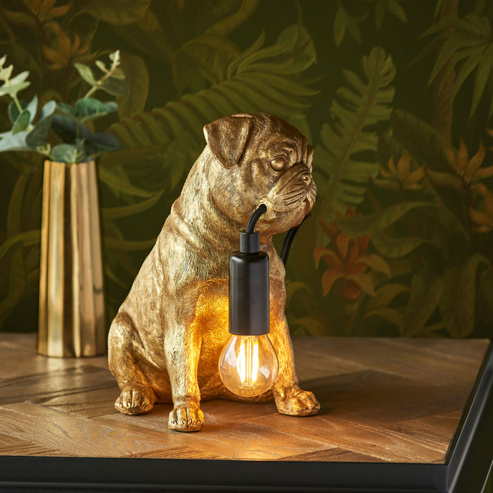 Pug Puppy Table Lamp | Vintage Gold Gold