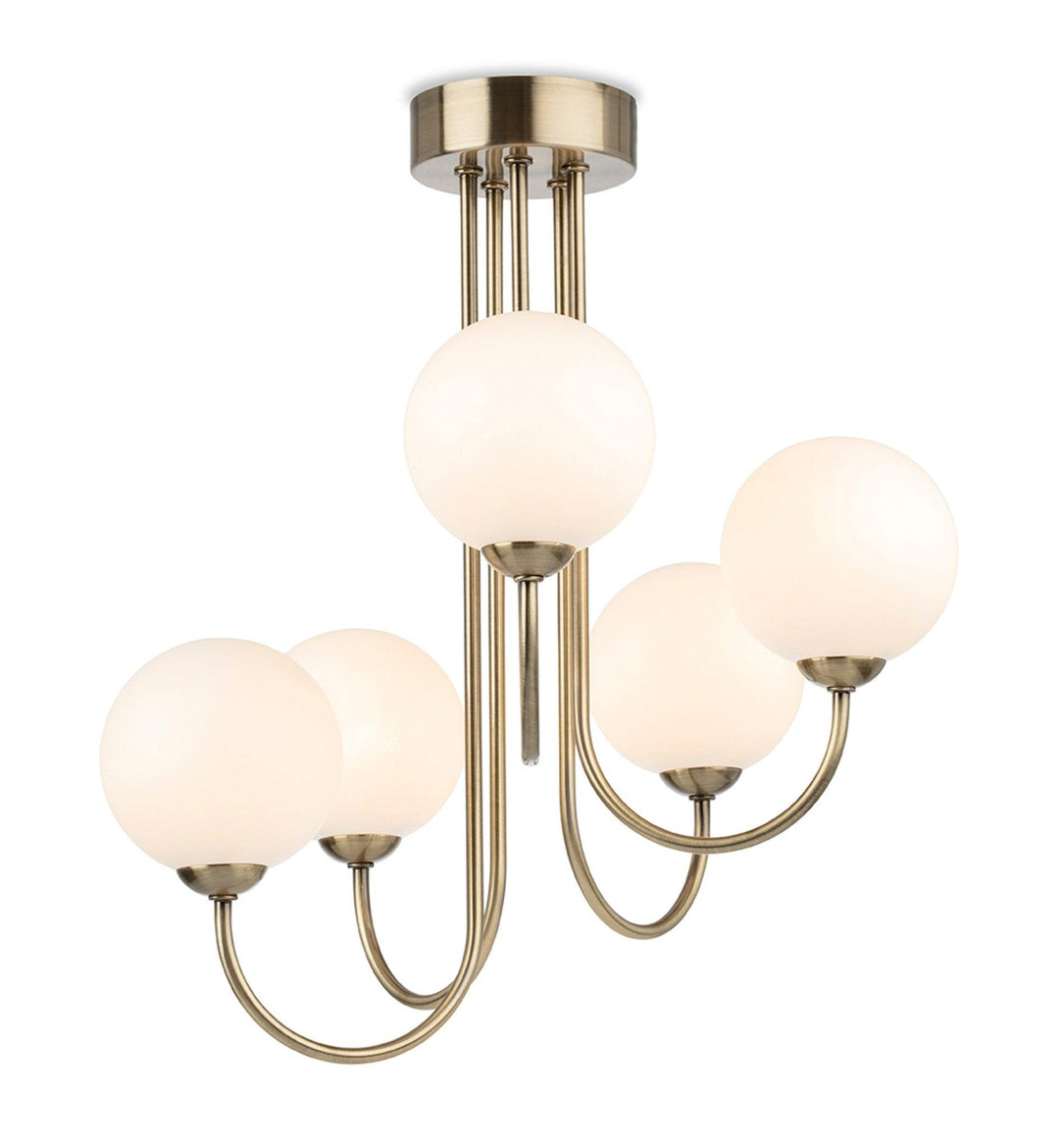 Lyndon 5 Light Flush Fitting Antique Brass with Opal White Glass - Prisma Lighting