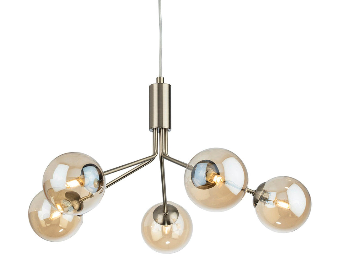 Montana 5 Light Fitting Antique Brass with Amber Glass - Prisma Lighting