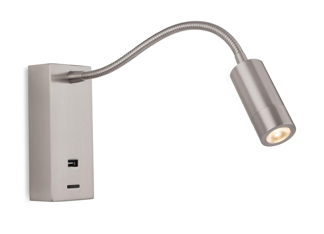 Clifton LED Flexi Wall Light & USB Brushed Steel - Prisma Lighting