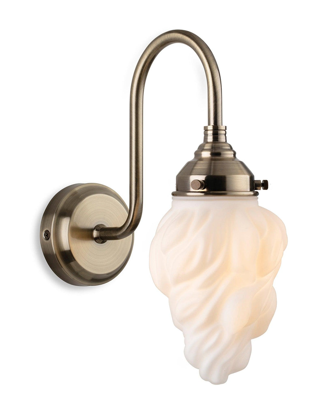 Flame Wall Light Antique Brass c/w White Flame Glass - Prisma Lighting