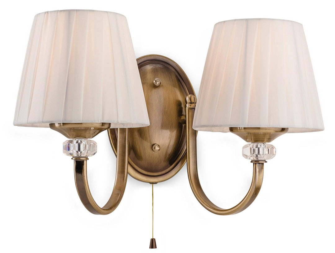 Langham 2 Light Wall (Switched) Antique Brass/ Pleated Cream Shades - Prisma Lighting