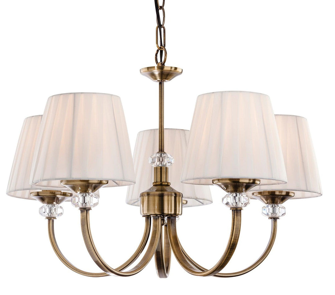 Langham 5 Light Fitting Antique Brass/ Pleated Cream Shades - Prisma Lighting