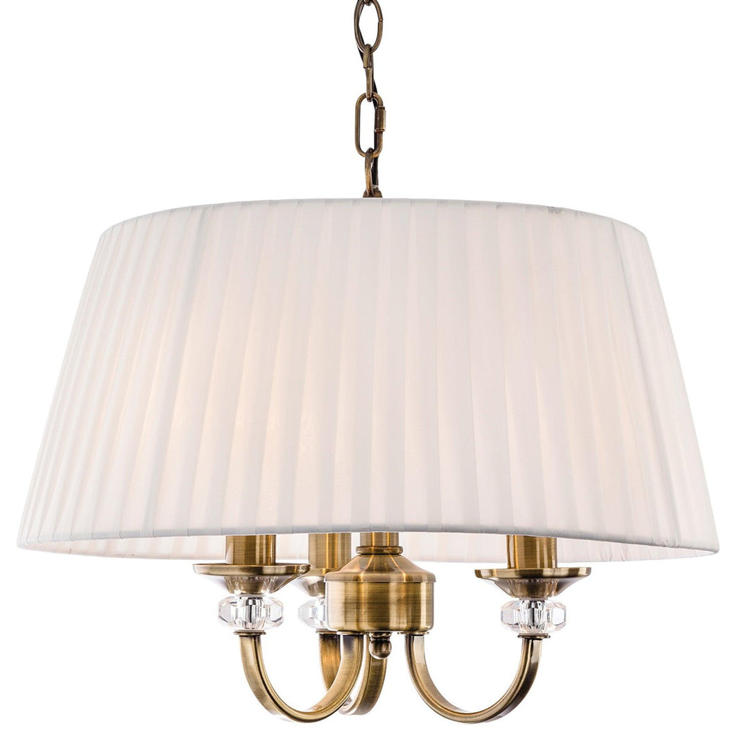 Langham 3 Light Pendant Antique Brass/ Pleated Cream Shades - Prisma Lighting