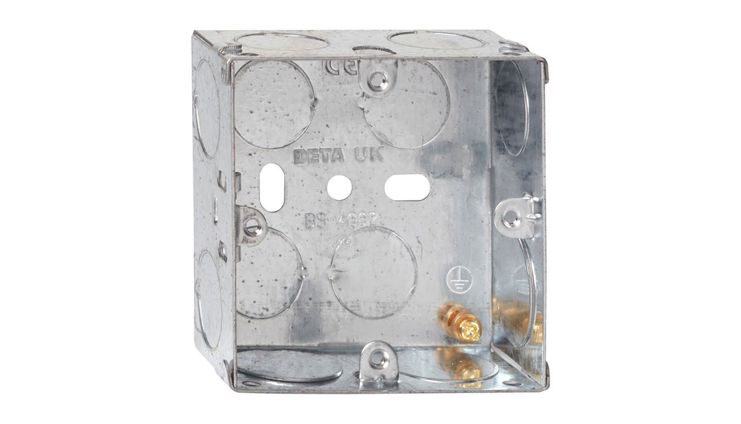 Image of Deta DB164 Sw & Skt Box 1Gang 35mm Deep 1 Gang c/w KO Galva, a flush mounting metal back box for switches and sockets.