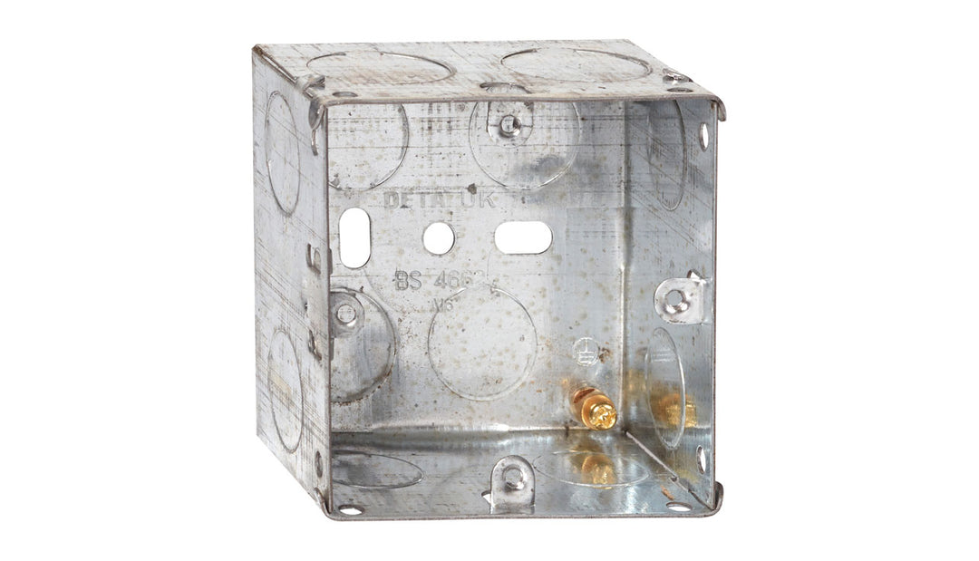 Image of Deta DB167 Sw & Skt Box 1Gang 46mm Deep 1 Gang c/w KO & Adj, a flush mounting metal back box for switches and sockets.