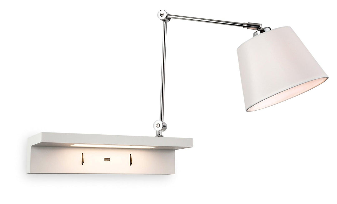 Rex Wall Light with Shelf & USB Port Chrome with Cream Shade and White Shelf - Prisma Lighting