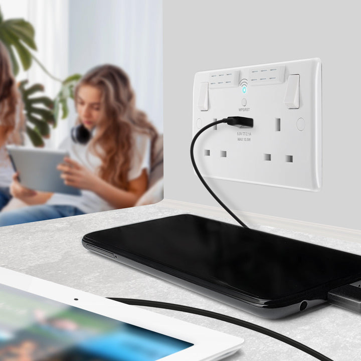 800 Series 13A 2-Gang Socket with Wi-Fi and USB Ports (2.1A) - Prisma Lighting