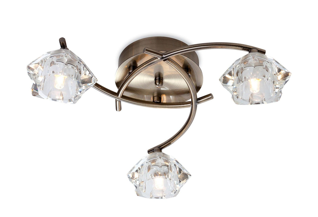 Clara 3 Light Flush Fitting Antique Brass with Clear Glass - Prisma Lighting