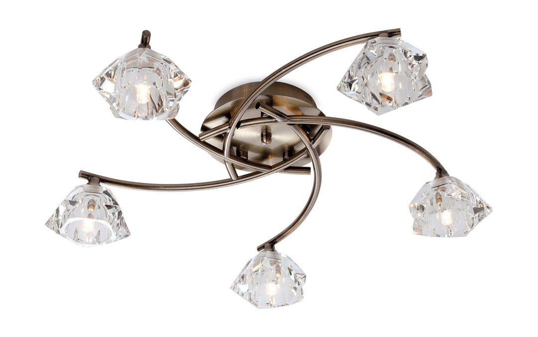 Clara 5 Light Flush Fitting Antique Brass with Clear Glass - Prisma Lighting