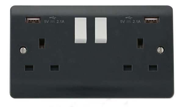 Mode Part M 13A 2 Gang Switched Socket With Twin 2.1A USB Outlets (4.2A) (Twin Earth) Anthracite Grey / Polar White