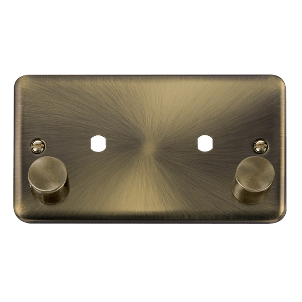 Close-up of Antique Brass DPAB186 2-gang dimmer plate with black gasket and curved edges