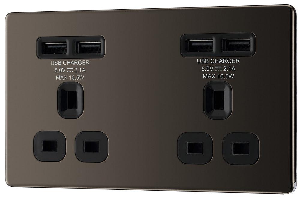 Screwless Flatplate Double Unswitched 13A Power Socket With Usb Charging - 4X Usb Sockets (4.2A) FBN24U44B-01