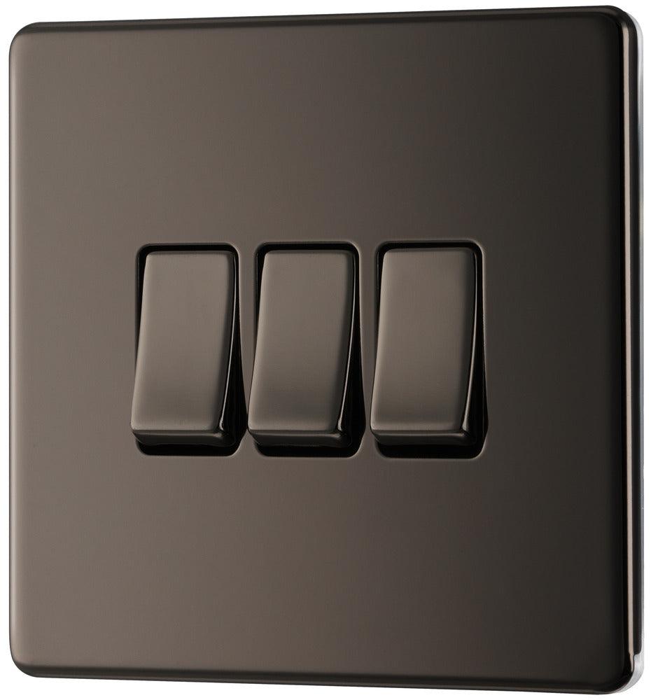 BG Screwless Flatplate Triple Switch, 20A 16AX 2 Way Black Nickel FBN43-01
