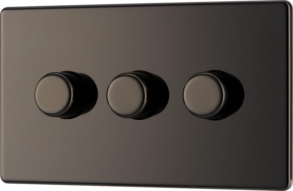 BG Screwless Flatplate 400W Triple Dimmer Switch, 2-Way Push On/Off Black Nickel FBN83P-01