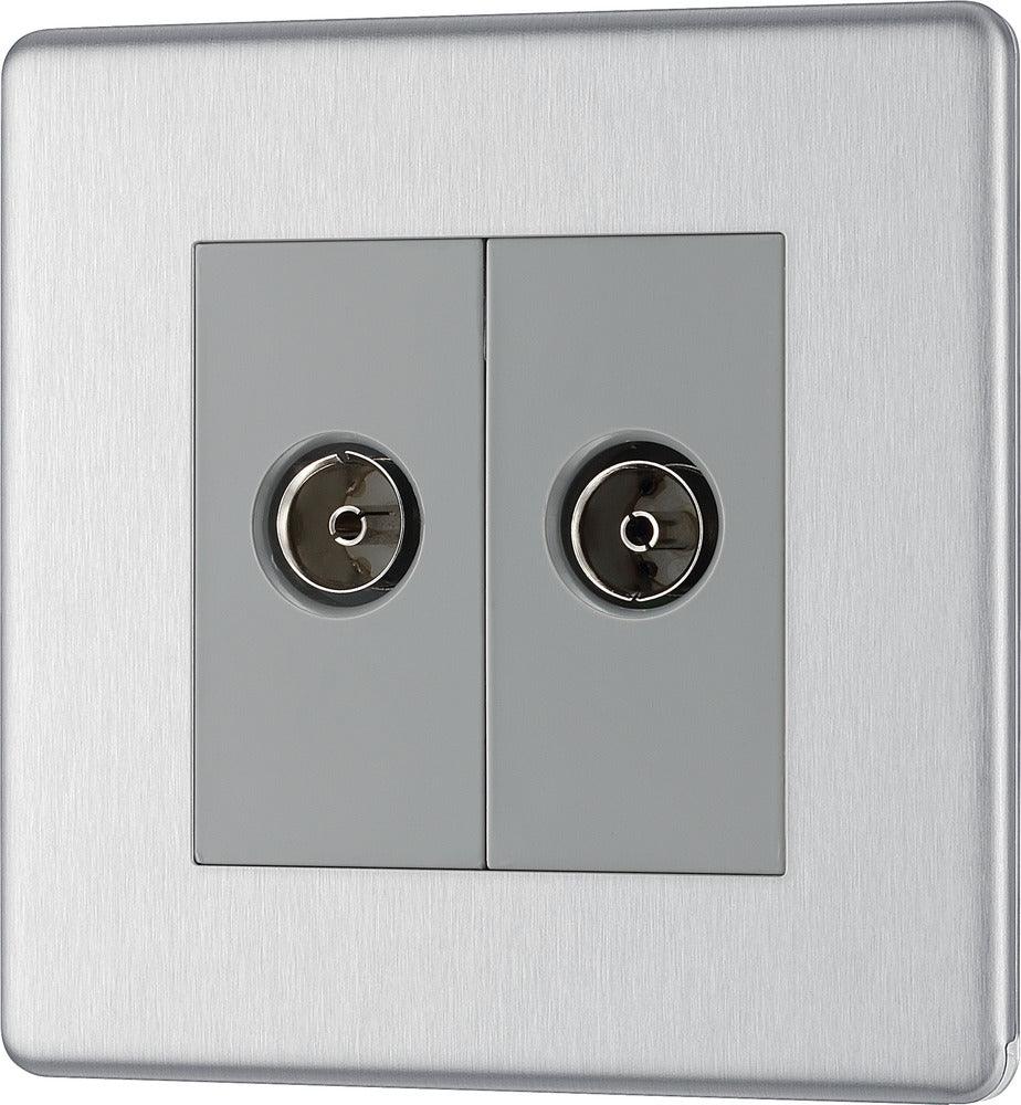 BG Screwless Flatplate Twin Socket For TV Or FM Co-Axial Aerial And Satellite Connection Brushed Steel FBS66-01