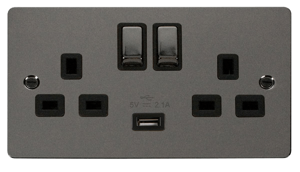 Define Black Nickel 13A 2G Ingot Switched Socket With 2.1A USB Outlet FPBN570BK | Prisma Lighting