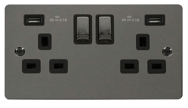 Define 13A Ingot 2 Gang Switched Socket With Twin 2.1A USB Outlets (4.2A) (Twin Earth) FPBN580BK | Prisma Lighting