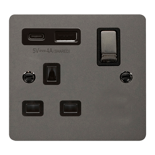 Define 'INGOT' 13A 1  GANG  SWITCHED SAFETY SHUTTER SOCKET OUTLET WITH TYPE A & C USB (4A) OUTLETS FPBN585BK | Prisma Lighting