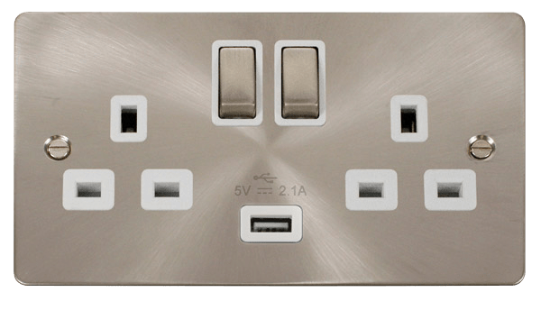 Define 13A 2G Sw Skt With 2 - Brushed Stainless Steel 13A 2G Ingot Switched Socket With 2.1A USB Outlet - White in black finish.