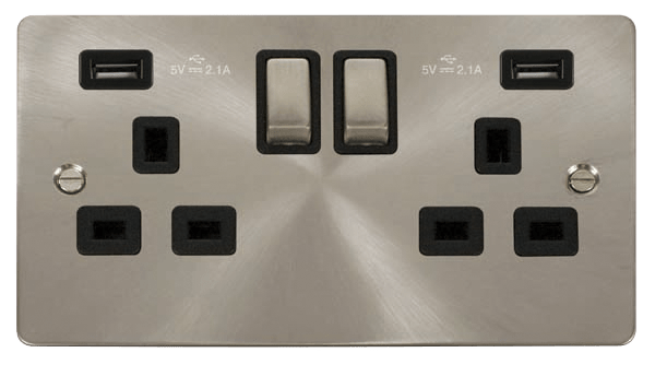 Define 2G 13A Sw Skt 4.2A U - 13A Ingot 2 Gang Switched Socket With Twin 2.1A USB Outlets (4.2A) (Twin Earth) in black finish.