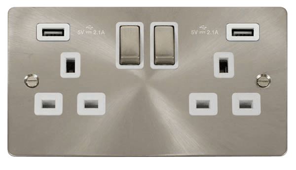 Define 2G 13A Sw Skt 4.2A U - 13A Ingot 2 Gang Switched Socket With Twin 2.1A USB Outlets (4.2A) (Twin Earth) in black finish.