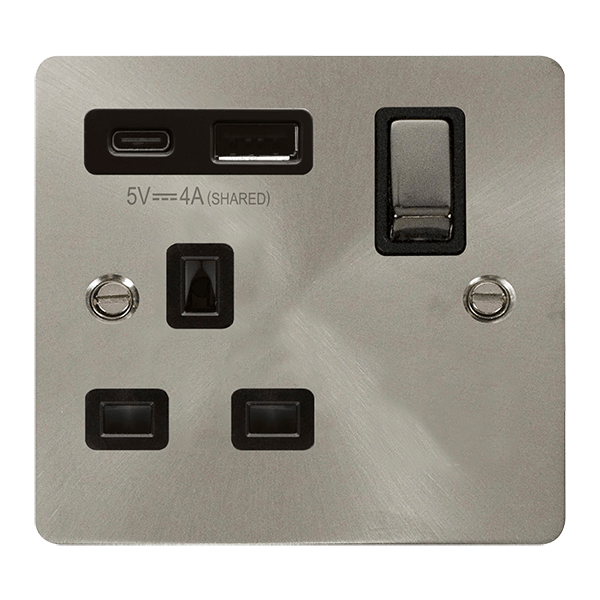 Define 13A 1G A&C Usb Bs Bk - DEFINE 'INGOT' 13A 1  GANG  SWITCHED SAFETY SHUTTER SOCKET OUTLET WITH TYPE A & C USB (4A) OUTLETS - BRUSHED STAINLESS - BLACK INSERTS in black finish.