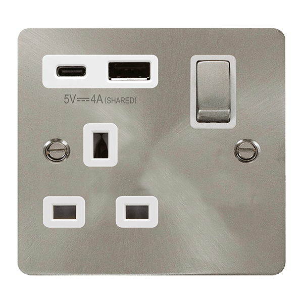 Define 13A 1G A&C Usb Bs Wh - DEFINE 'INGOT' 13A 1  GANG  SWITCHED SAFETY SHUTTER SOCKET OUTLET WITH TYPE A & C USB (4A) OUTLETS - BRUSHED STAINLESS - WHITE INSERTS in black finish.