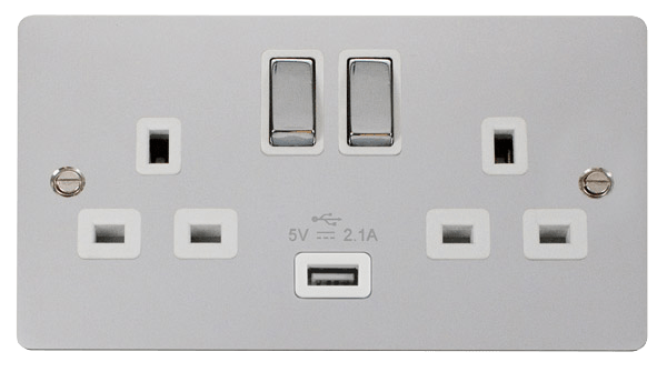 Define 13A 2G Sw Skt With 2 - Polished Chrome 13A 2G Ingot Switched Socket With 2.1A USB Outlet - White in black finish.