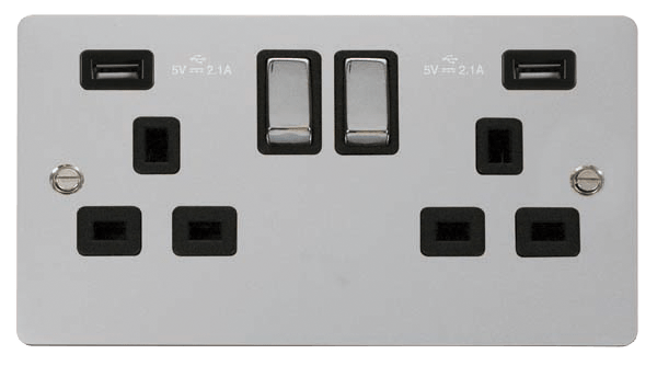 Define 2G 13A Sw Skt 4.2A U - 13A Ingot 2 Gang Switched Socket With Twin 2.1A USB Outlets (4.2A) (Twin Earth) in black finish.