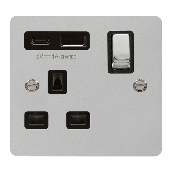 Define 13A 1G A&C Usb Ch Bk - DEFINE 'INGOT' 13A 1  GANG  SWITCHED SAFETY SHUTTER SOCKET OUTLET WITH TYPE A & C USB (4A) OUTLETS - POLISHED CHROME - BLACK INSERTS in black finish.