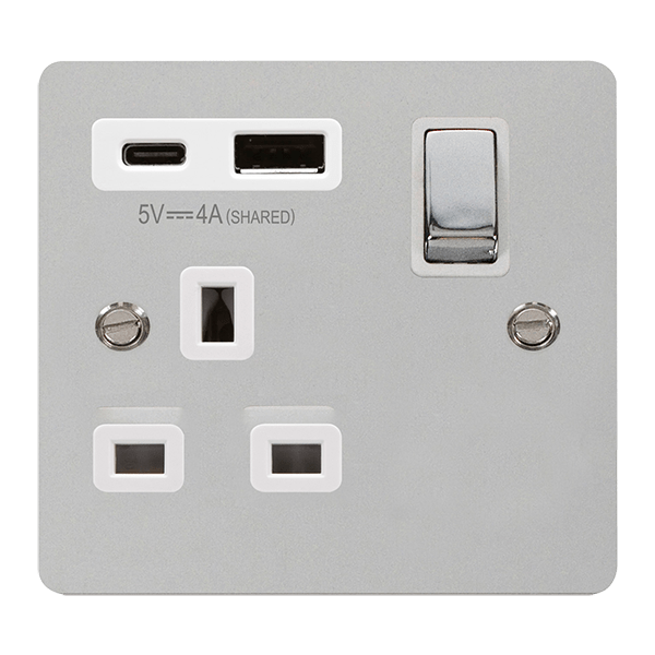 Define 13A 1G A&C Usb Ch Wh - DEFINE 'INGOT' 13A 1  GANG  SWITCHED SAFETY SHUTTER SOCKET OUTLET WITH TYPE A & C USB (4A) OUTLETS - POLISHED CHROME - WHITE INSERTS in black finish.