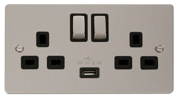 Define 13A 2G Sw Skt With 2 - 13A 2G Ingot Switched Socket With 2.1A USB Outlet - Black in black finish.