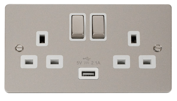 Define 13A 2G Sw Skt With 2 - 13A 2G Ingot Switched Socket With 2.1A USB Outlet - White in black finish.