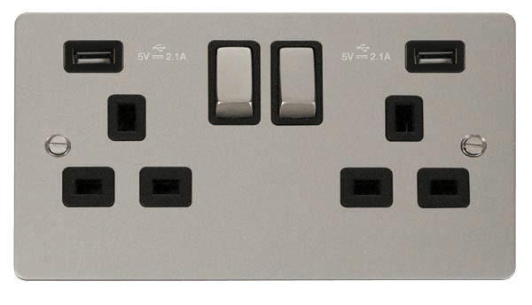 Define 2G 13A Sw Skt 4.2A U - 13A Ingot 2 Gang Switched Socket With Twin 2.1A USB Outlets (4.2A) (Twin Earth) in black finish.