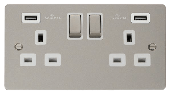 Define 2G 13A Sw Skt 4.2A U - 13A Ingot 2 Gang Switched Socket With Twin 2.1A USB Outlets (4.2A) (Twin Earth) in black finish.