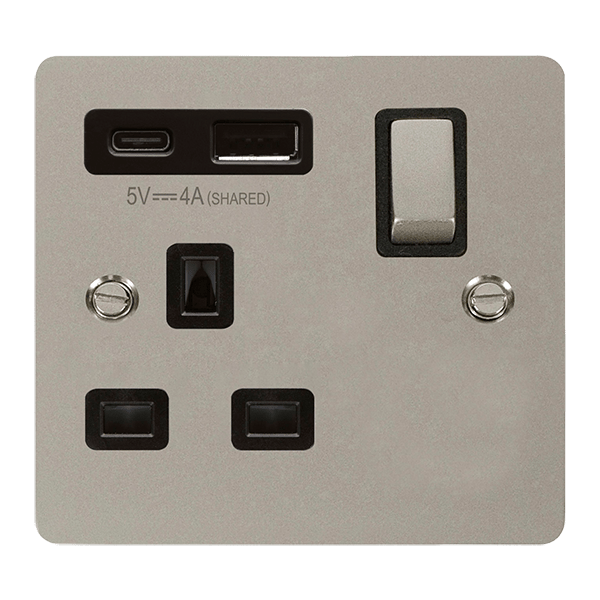 Define 13A 1G A&C Usb Pn Bk - DEFINE 'INGOT' 13A 1  GANG  SWITCHED SAFETY SHUTTER SOCKET OUTLET WITH TYPE A & C USB (4A) OUTLETS - PEARL NICKEL - BLACK INSERTS in black finish.