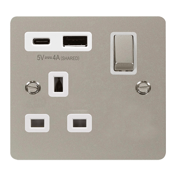 Define 13A 1G A&C Usb Pn Wh - DEFINE 'INGOT' 13A 1  GANG  SWITCHED SAFETY SHUTTER SOCKET OUTLET WITH TYPE A & C USB (4A) OUTLETS - PEARL NICKEL - WHITE INSERTS in black finish.